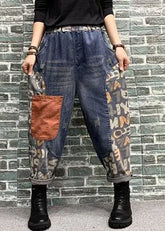 Blaue Haremshose aus Denim mit Patchwork-Print und Taschen